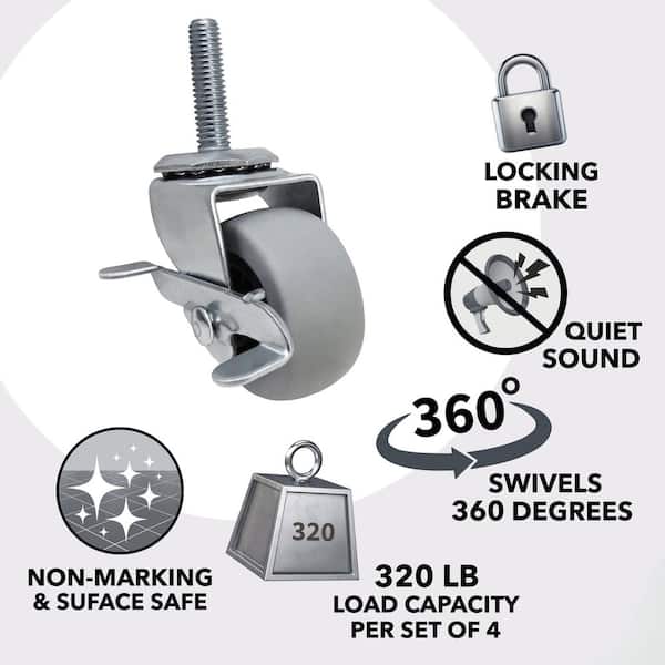 2 in. Gray Rubber Like TPR and Steel Swivel Threaded Stem Caster with Locking Brake and 80 lb. Load Rating
