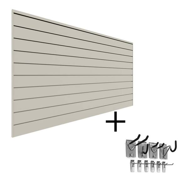 Proslat 96 in. H x 48 in. W PVC Slatwall Panel Set Sandstone Mini Bundle (1-Panel Pack 10-Accessory Pack)