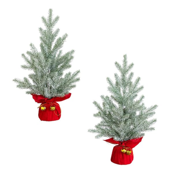 18 in. Artificial Flocked Christmas Tree with Wrapped Velvet Base and Gold Bells - Set of 2