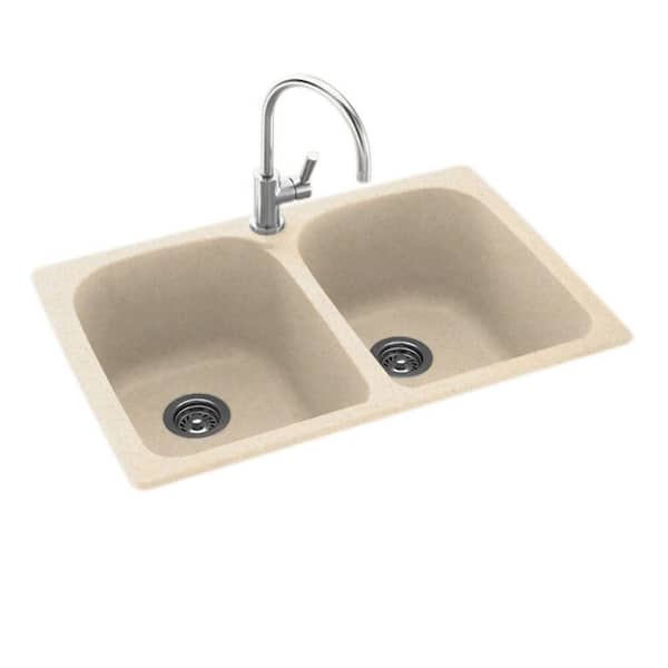 Swan Drop-In/Undermount Solid Surface 33 in. 1-Hole 50/50 Double Bowl Kitchen Sink in Tahiti Sand