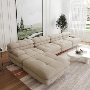 146.4 in. Square Arm Teddy Velvet L-shape Deep Seat Modular Sofa with Movable Ottoman in. Brown