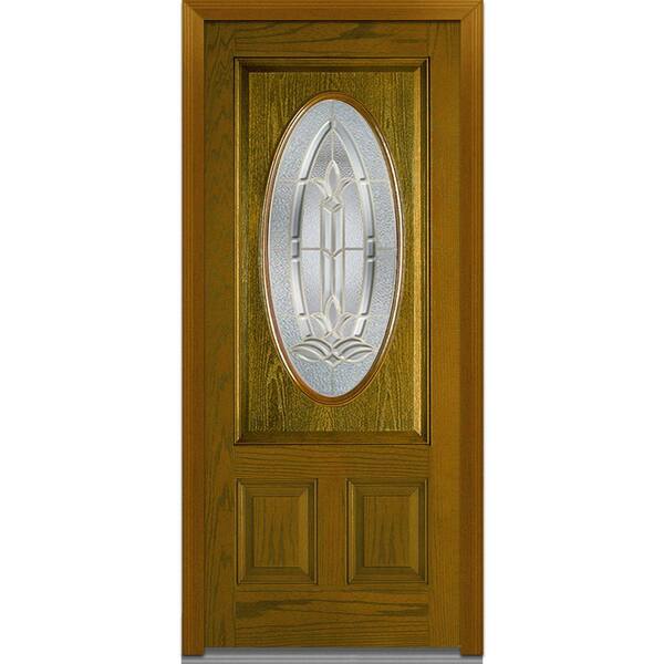 MMI Door 36 in. x 80 in. Bristol Left-Hand Inswing 3/4 Oval Decorative 2-Panel Stained Fiberglass Oak Prehung Front Door