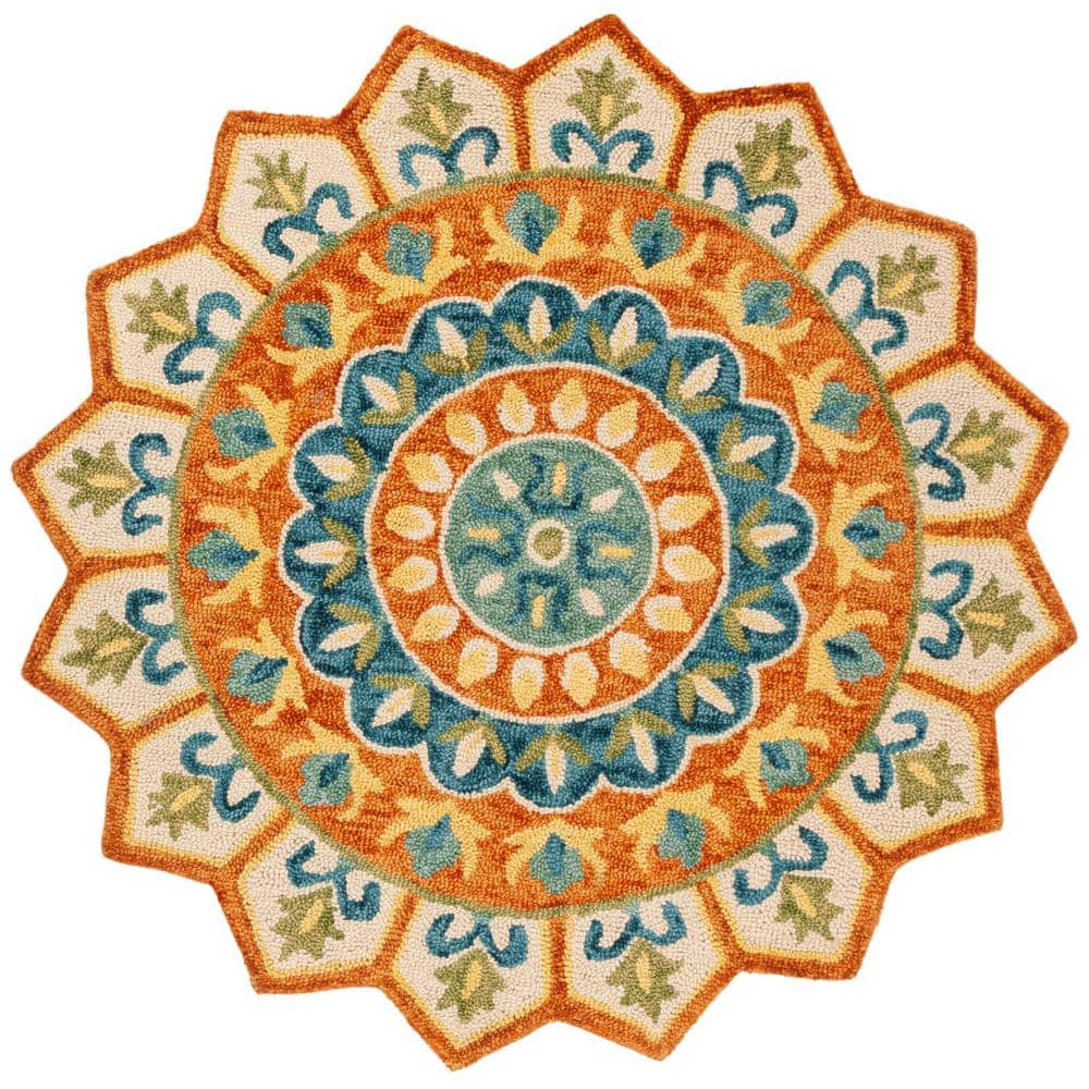Handmade Tufted Round Rust/Ivory Floral Wool Rug, 6' x 6'