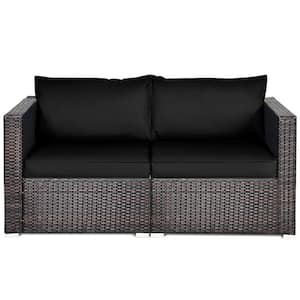 2-Piece Wicker Outdoor Loveseat with Black Cushions
