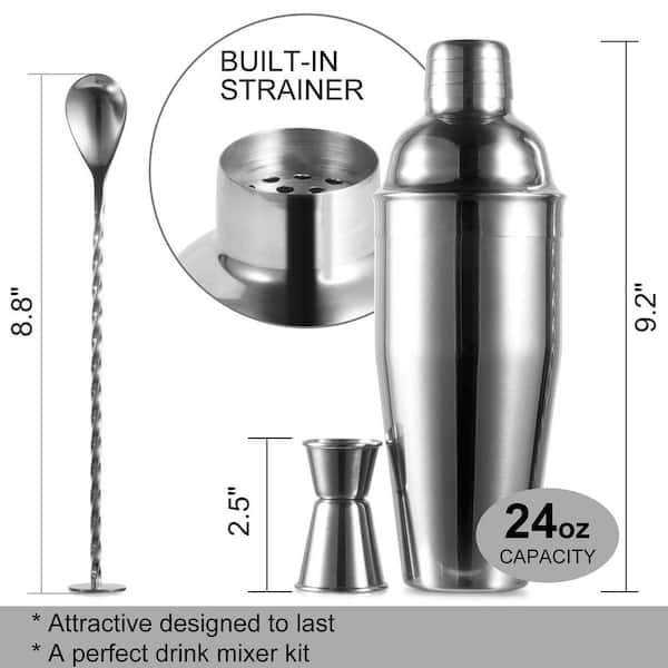 24 oz. Stainless Steel Cocktail Shaker Bar Set with Built-in Strainer for Margaritas, Martini and Bartender Kit (1-Pack)