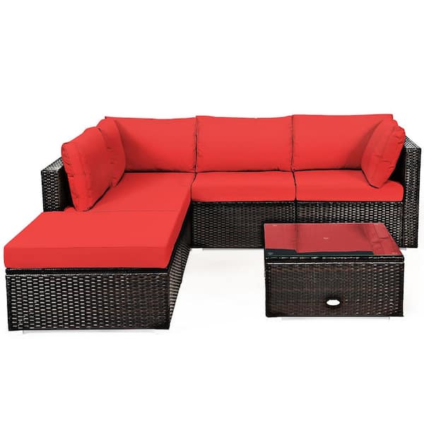 Brown 6-Pieces Wicker Outdoor Sectional Set with Red Cushions