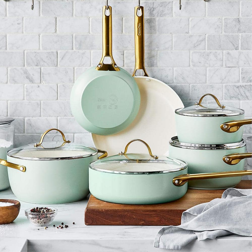 Mint Green Aluminum Nonstick 10-Piece Cookware Set with Gold Handles
