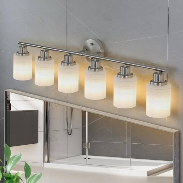 38.6 in. W 6-Lights Vanity Light Bathroom Light Fixture with Frosted Glass Shade Brushed Nickel, E26, No Bulbs Included