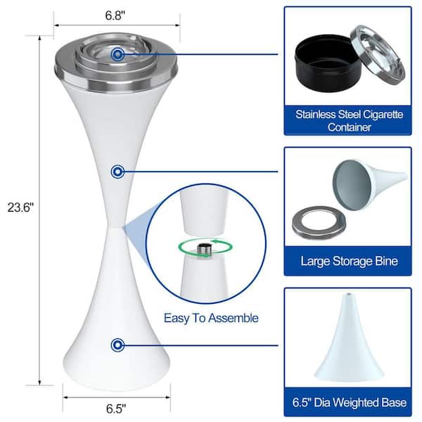 Angel Sar 23.6 in. H Stainless Steel Floor Standing Ashtray, Outdoor Self-Cleaning Detachable Cigar Container, White