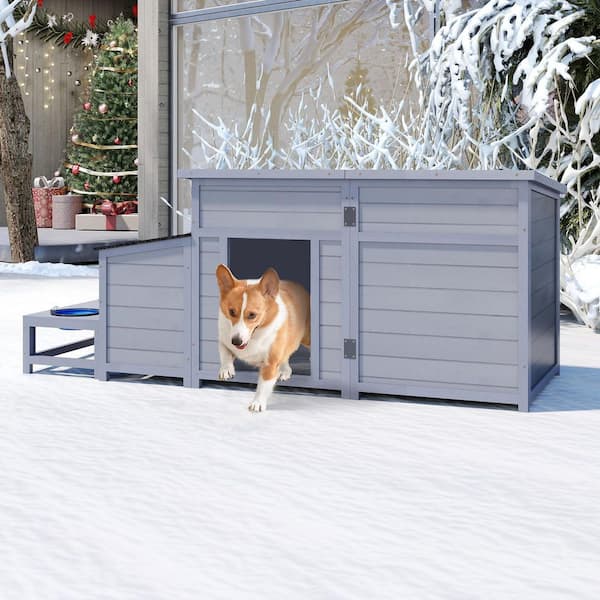2-in-1 Outdoor Wood Dog House with Feeding Bowls, Large Dog Kennel, Gray