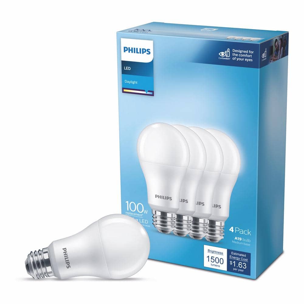 Philips 100W Equivalent Frosted White LED A19 Bulbs, 4-Pack