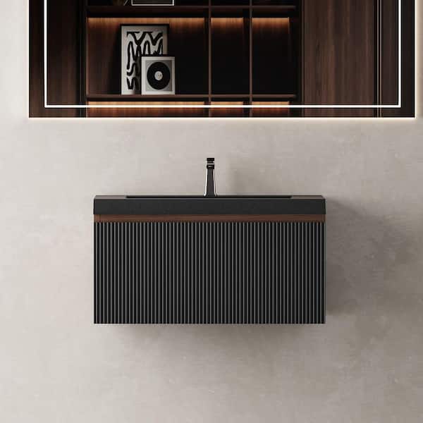 30 in. Wall-Mounted Bath Vanity Modern Floating Bathroom Vanity in Smoked Walnut with Black Quartz Sand Top
