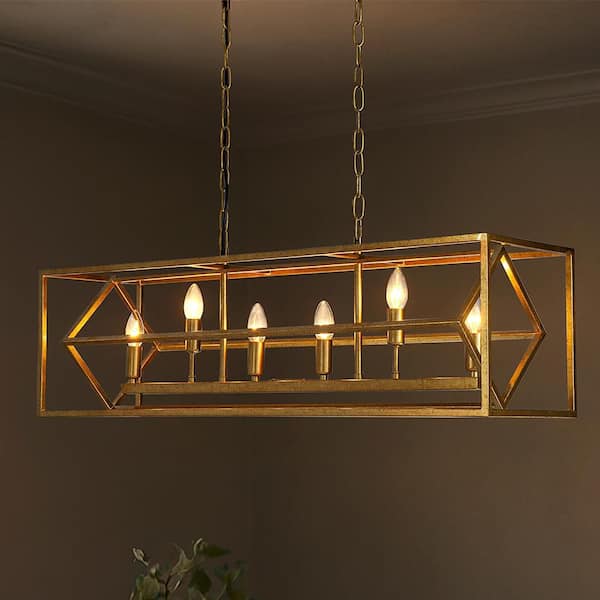 ALOA DECOR 6-Light W39 in. Matte Gold Modern Farmhouse Candle Linear Chandelier Rectangle Industrial Lighting for Kitchen Island