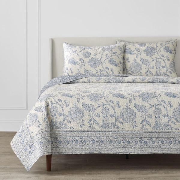 Home Decorators Collection 3-Piece Lake Blue Floral Tonal Block Print Cotton Full/Queen Quilt Set