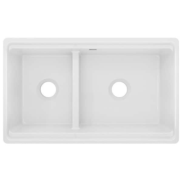Fireclay 33 in. Farmhouse/Apron-Front Offset 60/40 Double Bowl White Fireclay Kitchen Workstation Sink Only