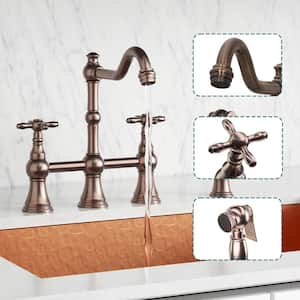 Bridge Kitchen Faucets - Solid Brass Kitchen Faucet with Side Sprayer, 2 Cross Handles, Antique Copper