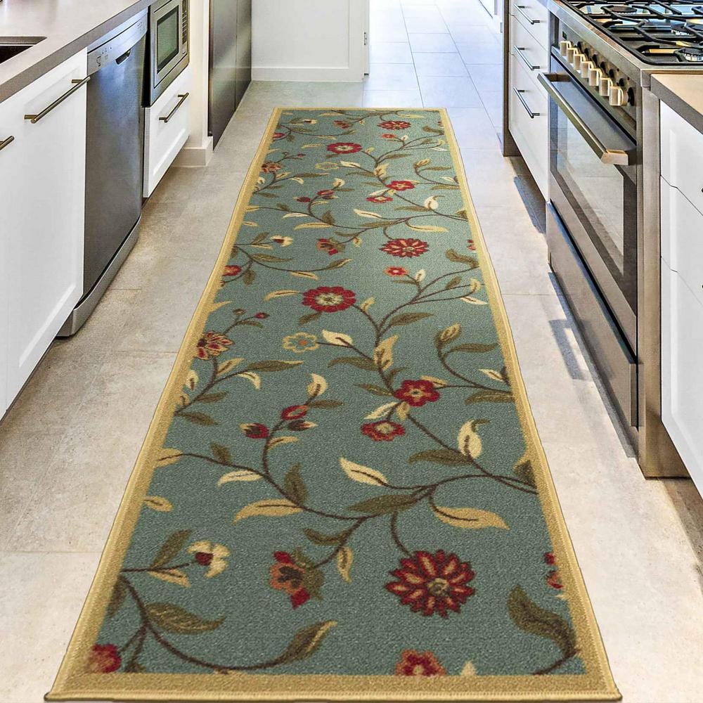 Seafoam Green Floral Non-Slip Hallway Runner Rug