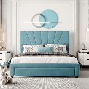 Blue Wood Frame Queen Size Velvet Upholstered Platform Bed with Big Drawer and Height Adjustable Headboard