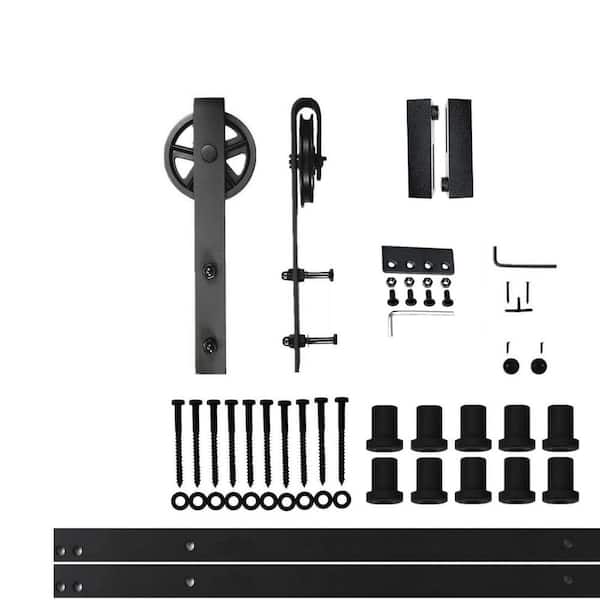 HOMACER 14 ft./168 in. Black Rustic Non-Bypass Sliding Barn Door Hardware Kit Spoke Wheel Design Roller for Single Door