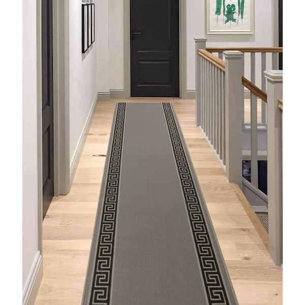 RugStylesOnline Meander Greek Key Design Gray 36 in. Width x 13 ft. Your Choice Length Slip-Resistant Stair Runner