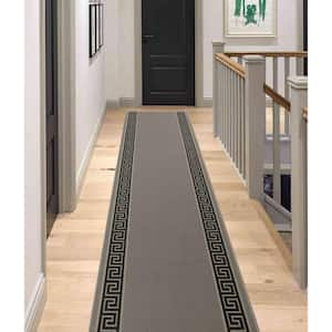 Meander Greek Key Design Gray 36 in. Width x 18 ft. Your Choice Length Slip-Resistant Stair Runner Rug