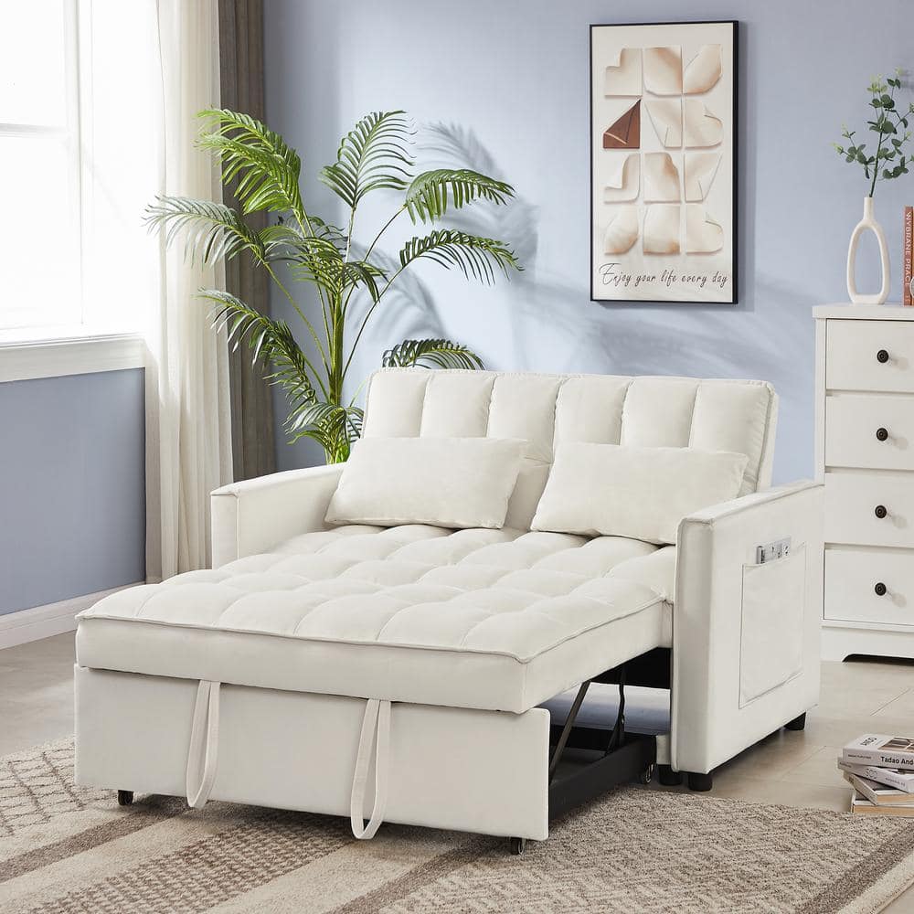 53.14 in. White Velvet Upholstered Twin Size Sofa Bed with 2-Pillows 2 ...