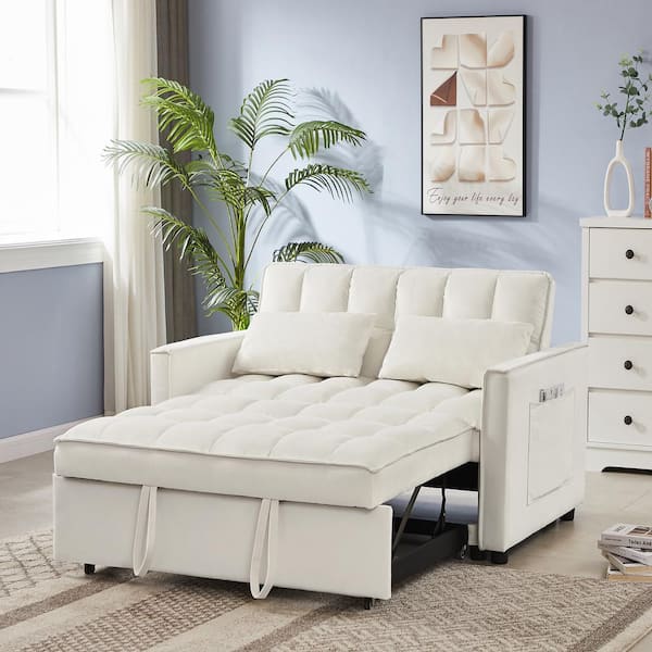 Unbranded 53.14 in. White Velvet Upholstered Twin Size Sofa Bed with 2-Pillows 2-Pockets Metal Frame