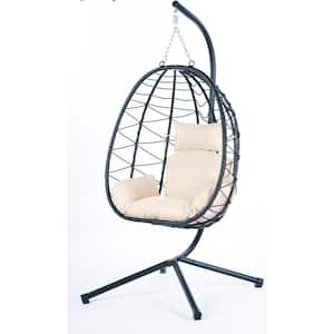 37.4 in. Black Metal Hanging Wicker Patio Swing with Beige Cushions, Stand