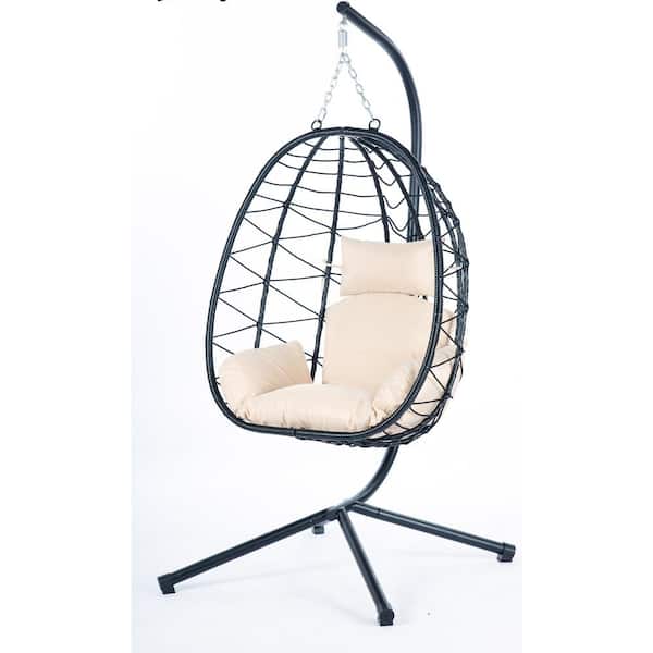 Unbranded 37.4 in. Black Metal Hanging Wicker Patio Swing with Beige Cushions, Stand