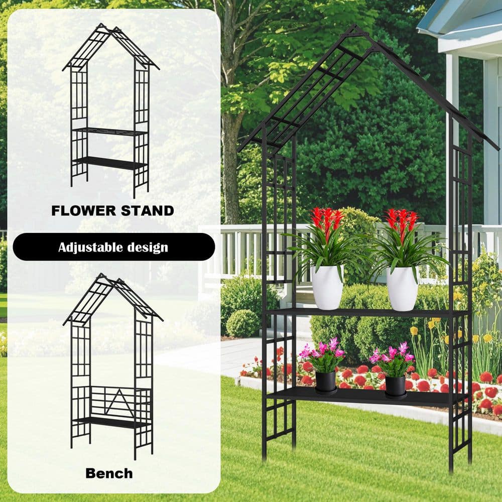 Metal Garden Arch with Gate 97.24 in. Climbing Plants Support Rose Arch Out