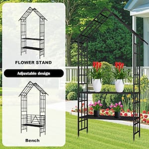 Black 98 in. Metal Garden Arch with Doors, Garden Arbor Trellis for ...