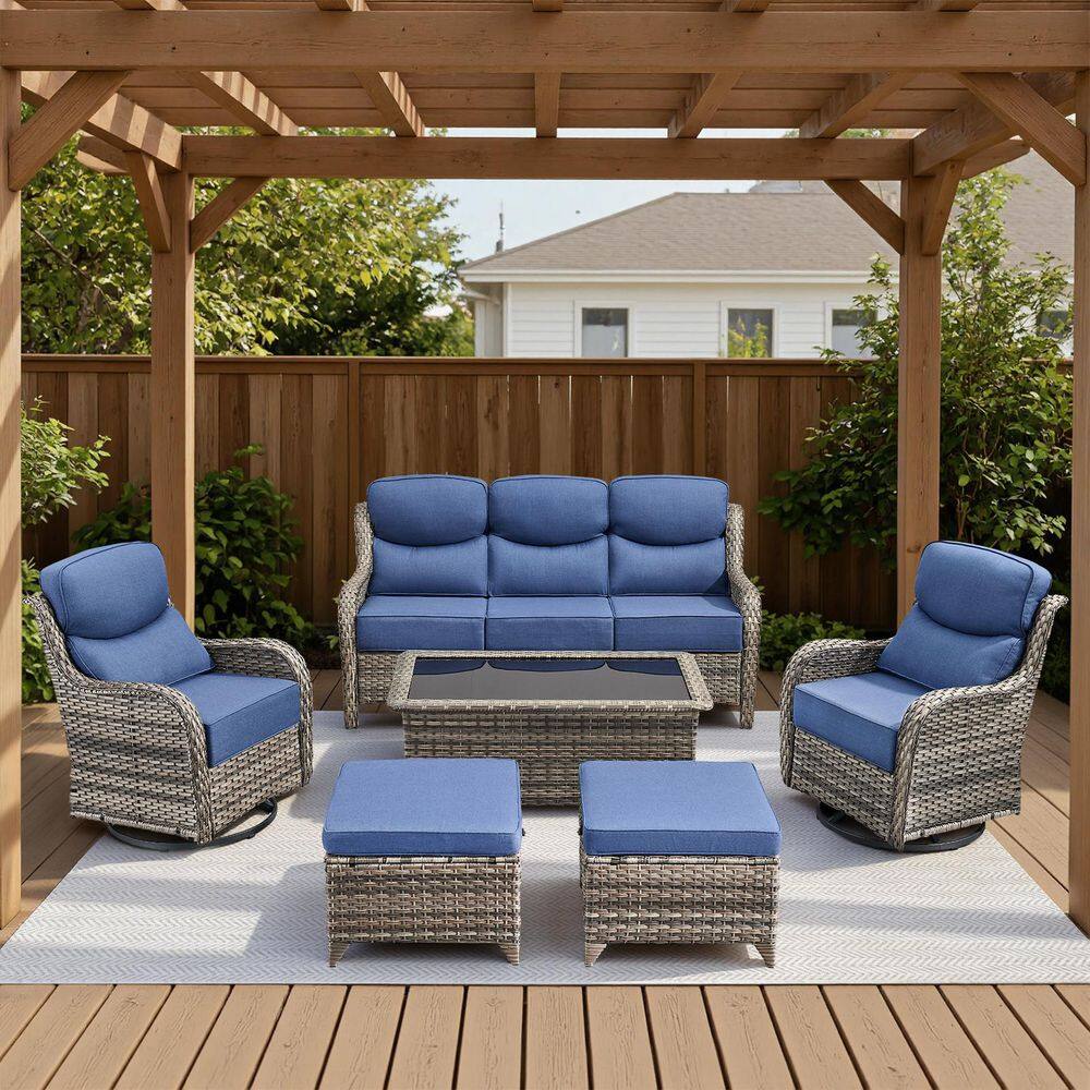 Arcadia Gray 6-Piece Wicker Patio Conversation Set with Swivel Gliders and 6-Inch Thick Olefin Navy Blue Cushions price history on PriceWatchPro