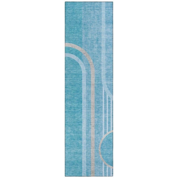 HomeRoots Teal Blue 2 ft. x 8 ft. Woven Abstract Polyester Runner Indoor / Outdoor Area Rug