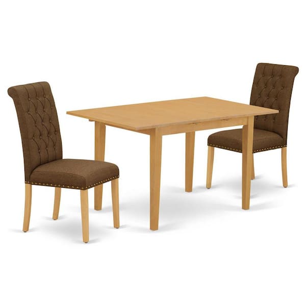 East West Furniture 3-Piece Natural Brown Oak Finish Rectangular Solid Wood Top with Butterfly Leaf Dining Table Set