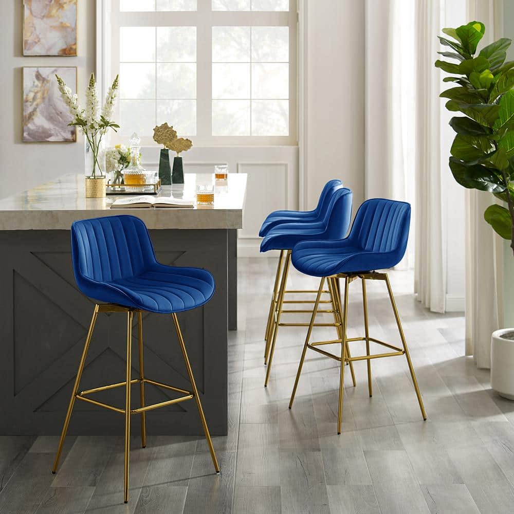 Elegant Blue Velvet Swivel Counter Height Bar Stools with Golden Metal Legs