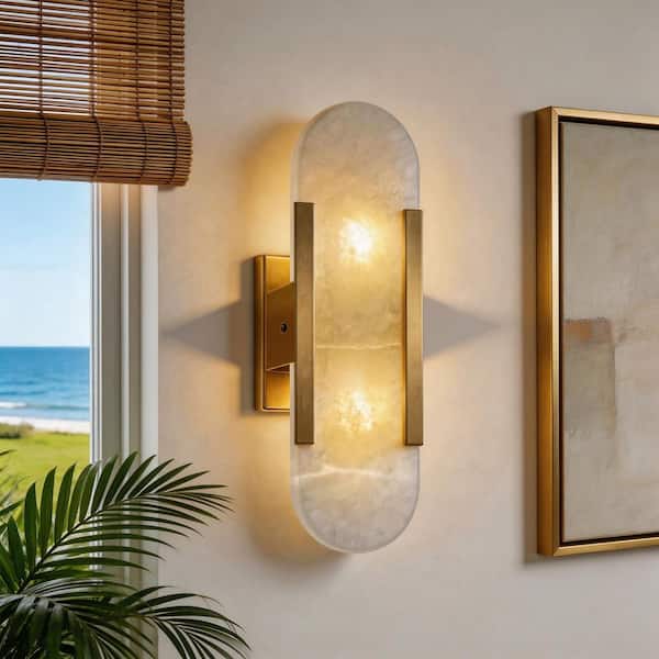 4 in. 1-Light Gold Marble Wall Sconces Set of 2, White Alabaster Stone Bathroom Vanity Wall Lights for Bedroom