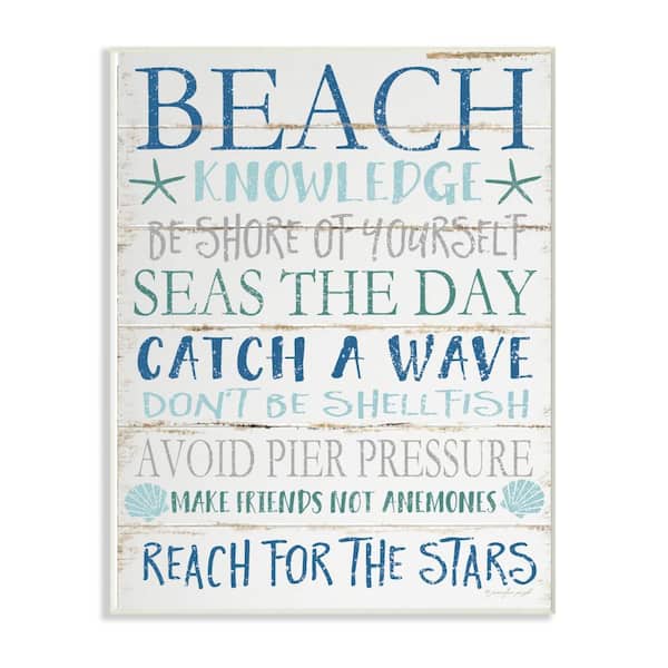 Stupell Industries 12 in. x 18 in. "Beach Knowledge Blue Aqua and White Planked Look Sign Wall Plaque Art" by Jennifer Pugh