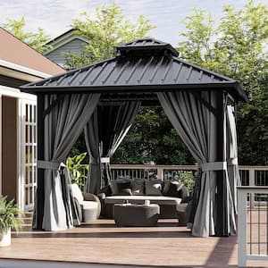 10 ft. x 10 ft. Outdoor Metal Hardtop Gazebo with Aluminum Frame, Double Roof, Netting and Curtain for Patio Backyard