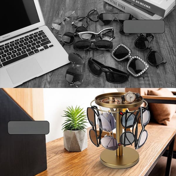 Angel Sar 5.9 in. W x 9.5 in. H Stainless Steel Rotating Glasses Organizer Storage with Tray for Desk Dresser, Tabletop, Gold