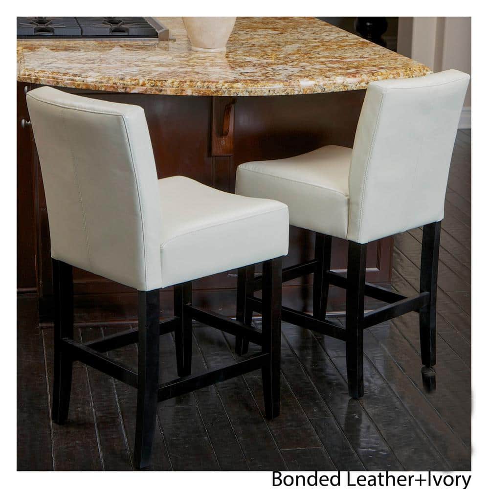 Lopez Contemporary Ivory Leather and Wood Counterstools, Set of 2