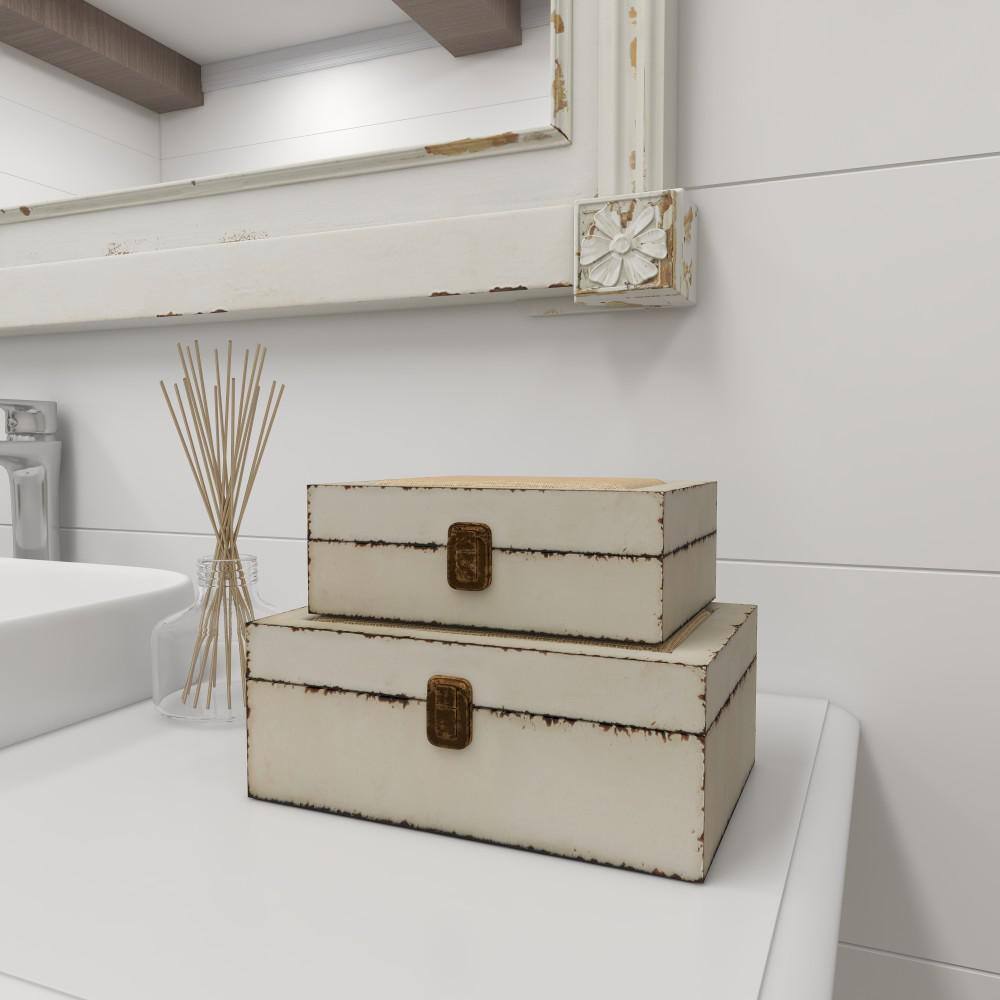 White and Burlap Rectangular Wood Lidded Box Set