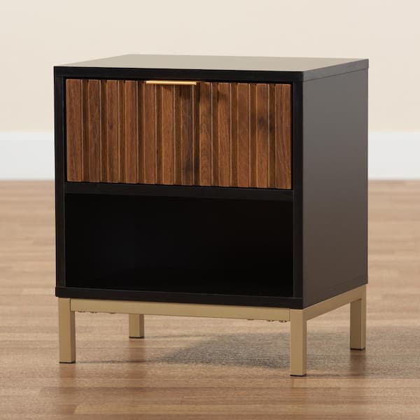 Baxton Studio Uriel 1 Drawer Natural Brown and Black Nightstand