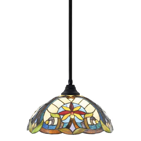 Unbranded Sparta 100-Watt 1 Light Matte Black Shaded Pendant Light with 16 in. Earth Star Art Glass Shade, No Bulb Included