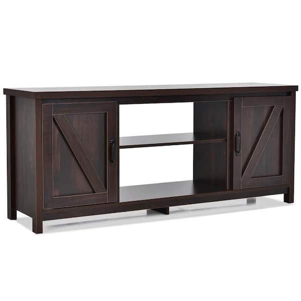 Costway 59 in. Brown Coffee TV Stand Fits TV up to 65 in. with Adjustable Shelves