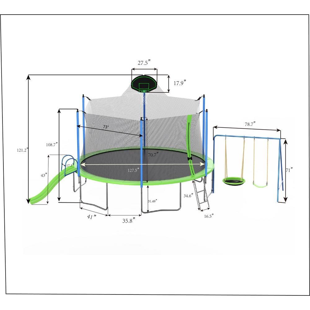 12FT Green Outdoor Trampoline with Slide, Swings, and Basketball Hoop