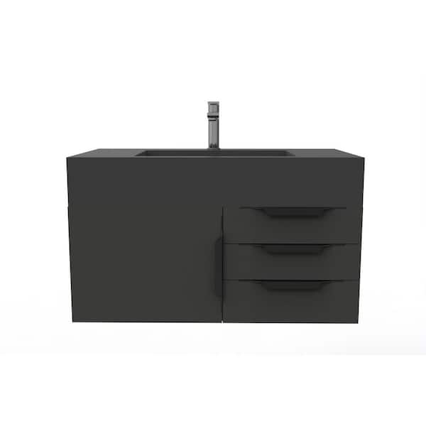castellousa Nile 36 in. W x 19 in. D x 20 in. H Bath Vanity in Matte Black with Black Trim and Black Solid Surface Top