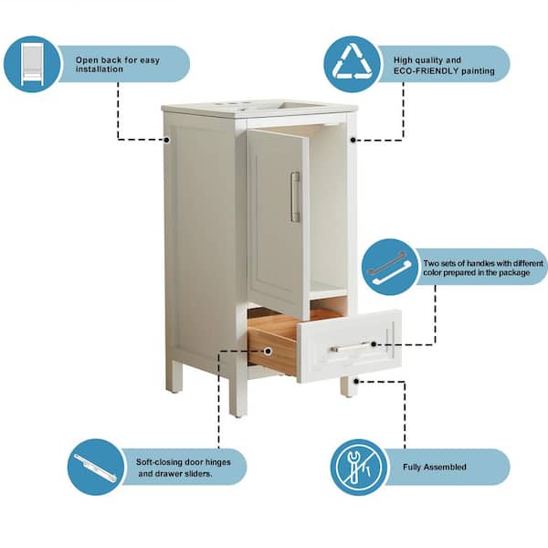 18 in. W x 16 in. D x 35 in. H Single Sink Solid Wood  Bath Vanity in White with White Ceramic Top