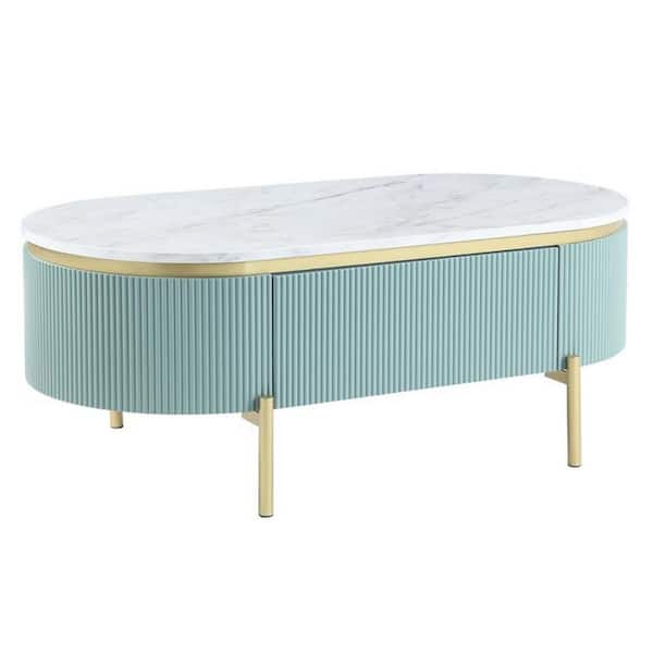 Benjara Ville 24 in. White and Gold Oval Metal Coffee Table with Teal Reeded Edges