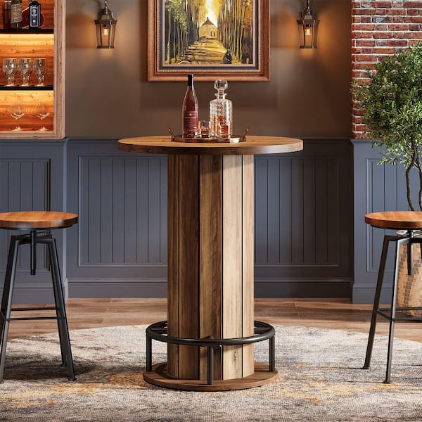 Kearsten 39.8 in. H Rustic Brown Wood Round Bar Table with Metal Ring Footrest, Bistro Pub Hight Top Table (Only Table)