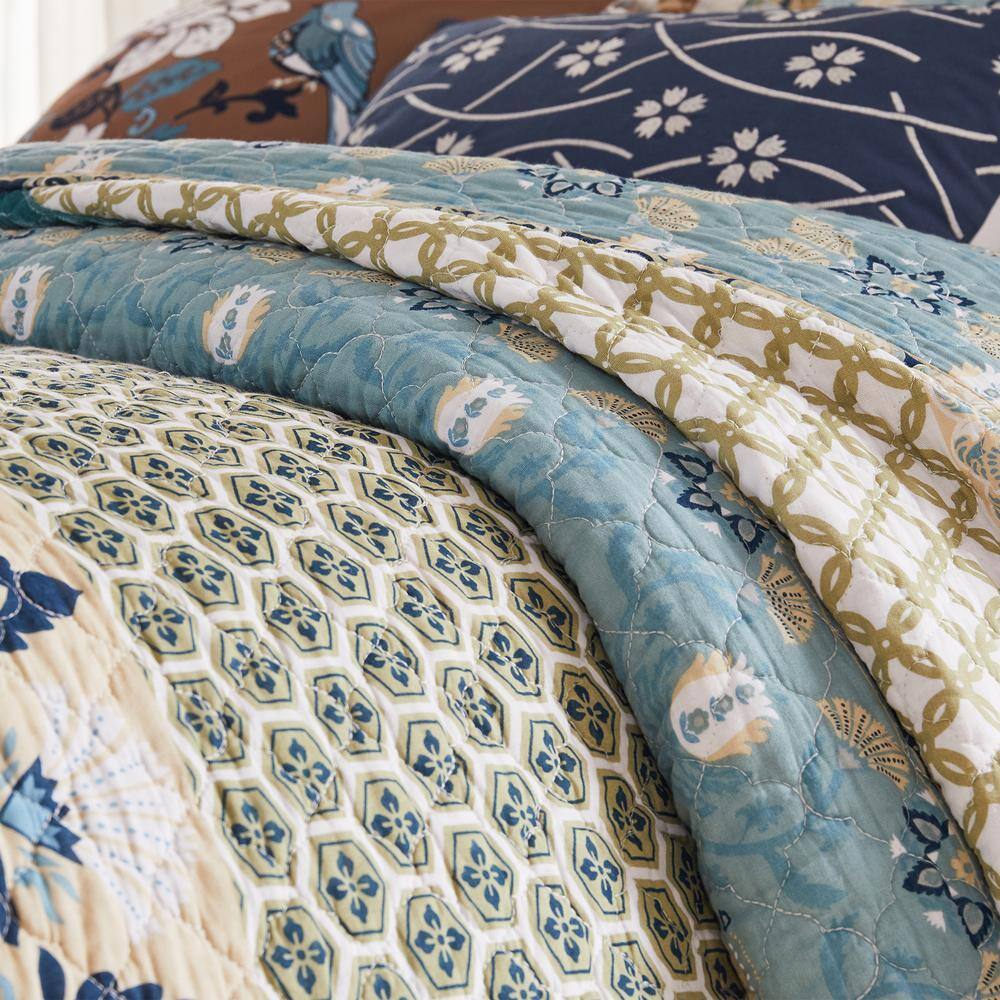Thalia Blue and Brown Cotton King Reversible Bedspread Set